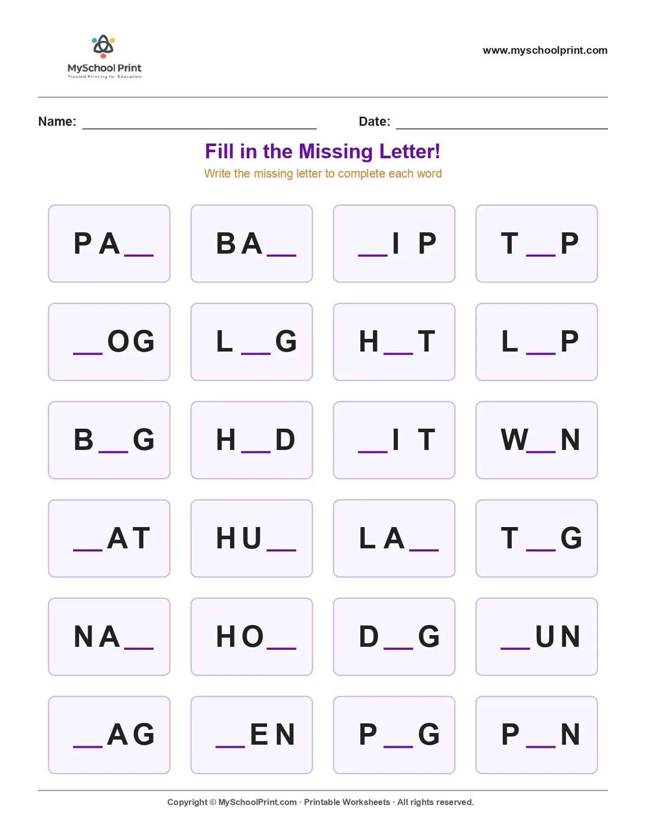 Missing letter worksheet 170