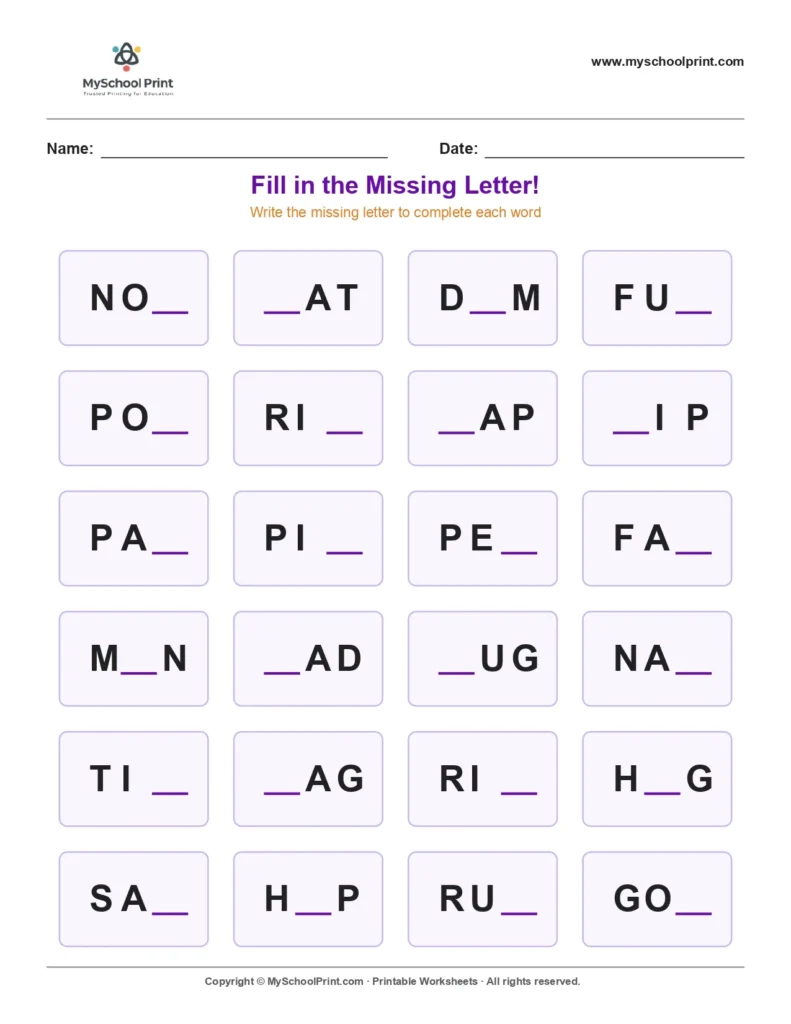 Missing letter worksheet 180