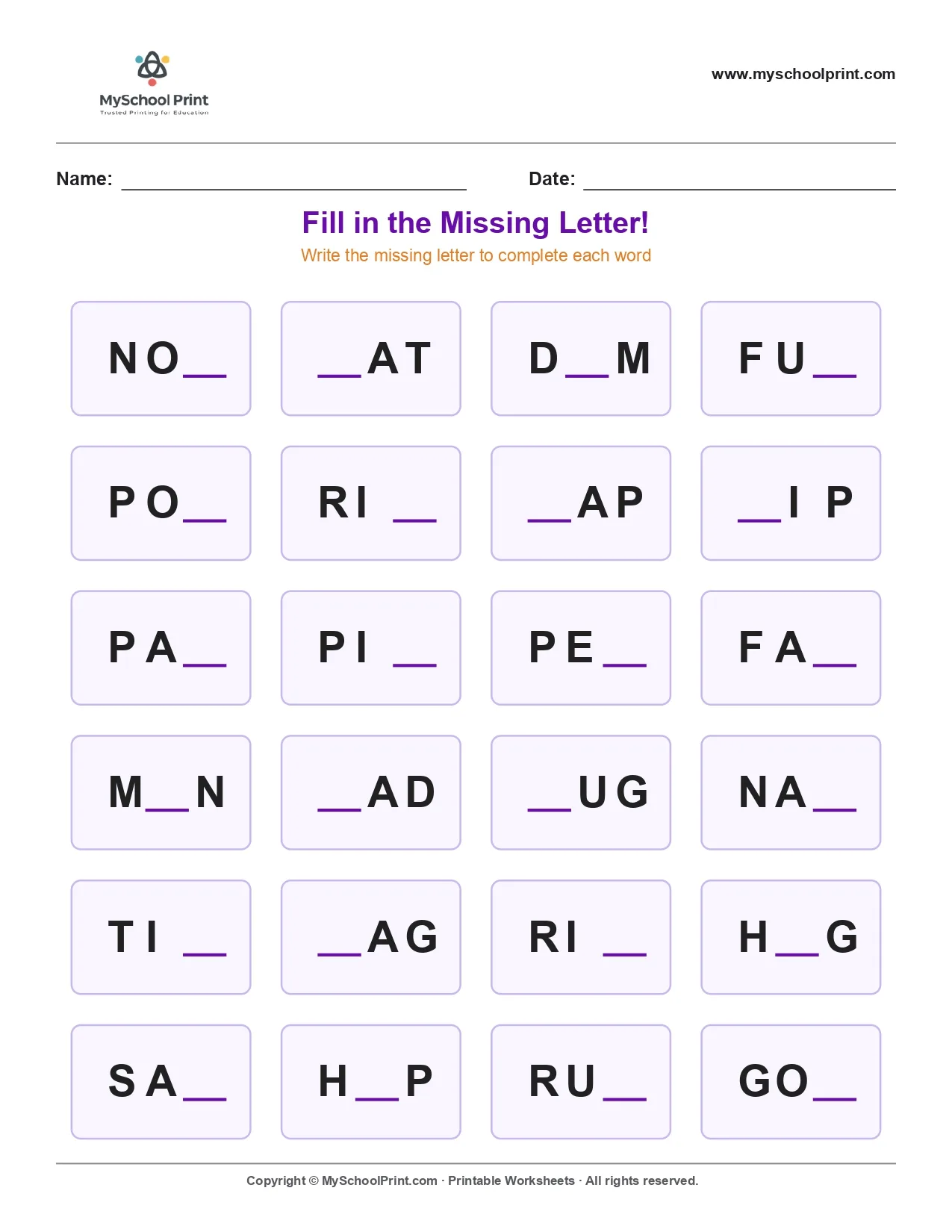 Missing letter worksheet 180