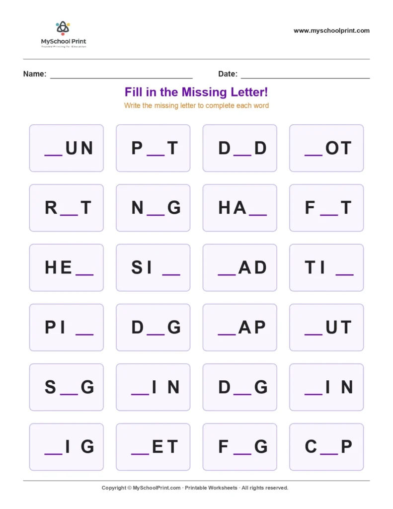 Missing letter worksheet 182