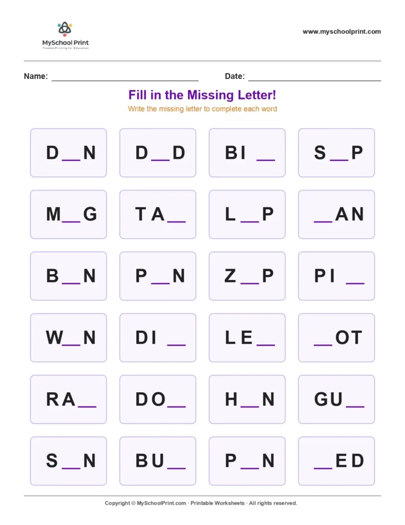 Missing letter worksheet 19