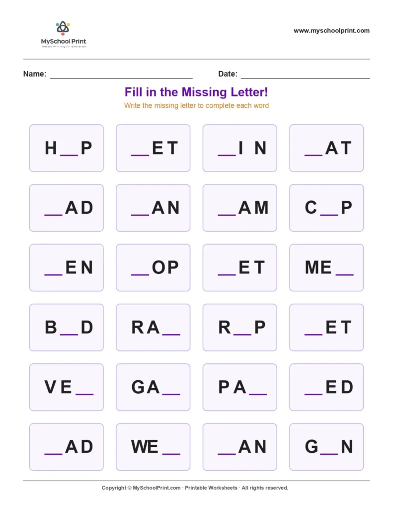 Missing letter worksheet 2