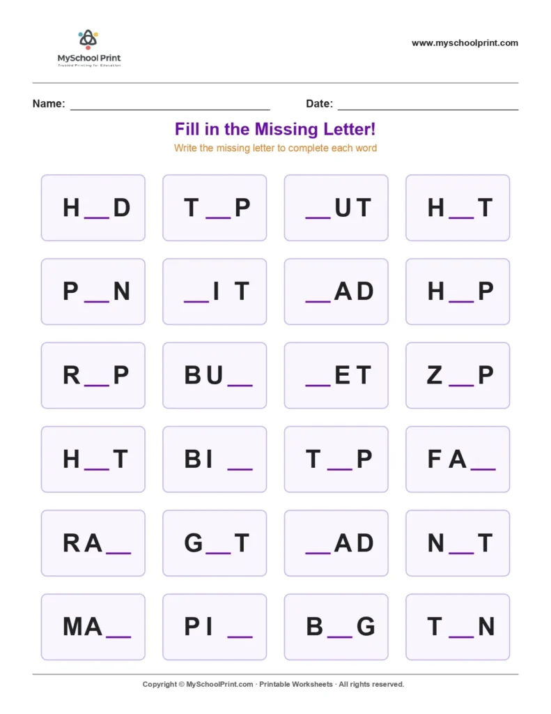 Missing letter worksheet 20