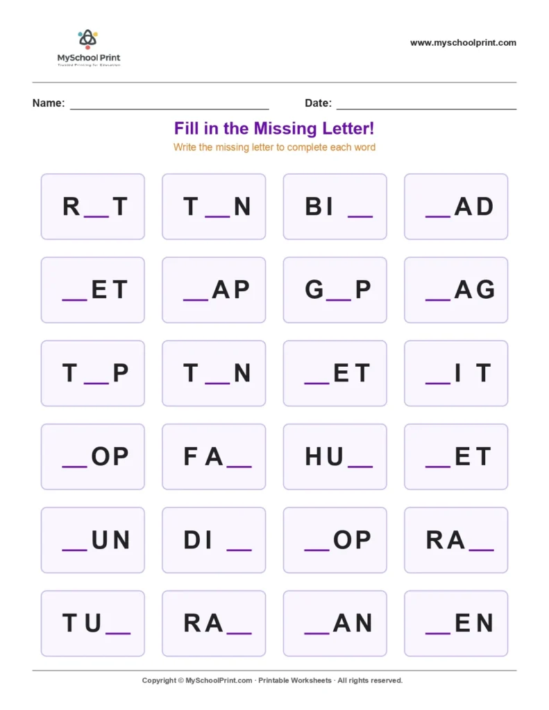 Missing letter worksheet 200