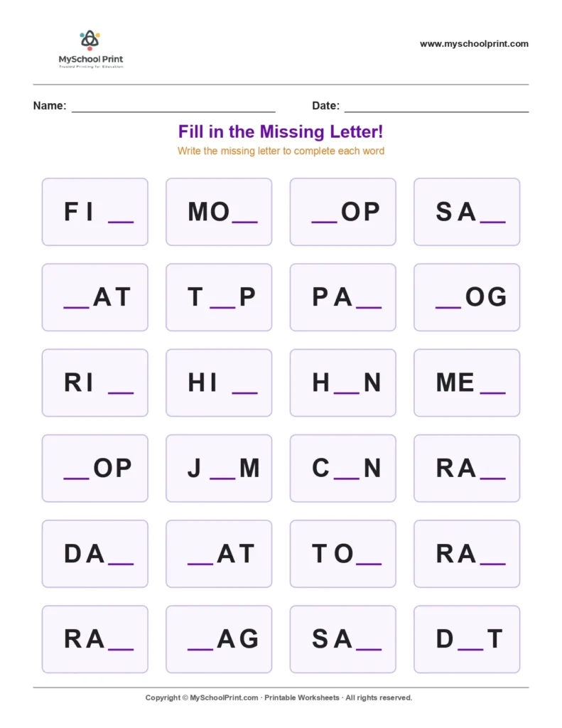 Missing letter worksheet 22