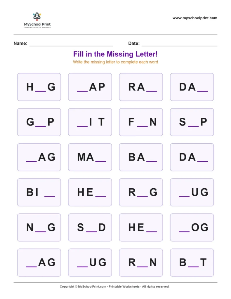 Missing letter worksheet 25