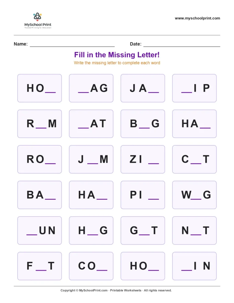 Missing letter worksheet 26