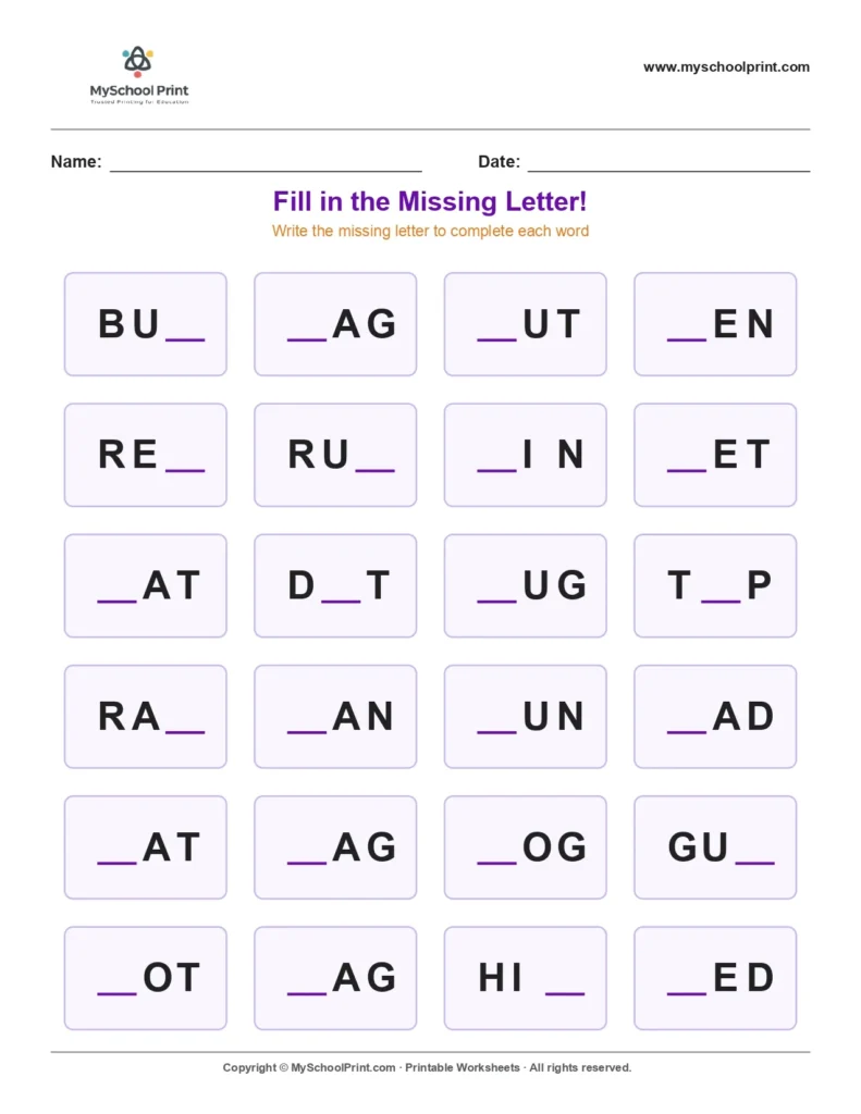 Missing letter worksheet 3