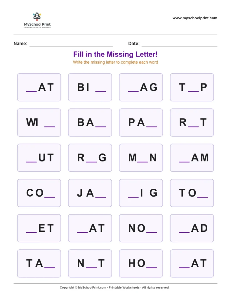 Missing letter worksheet 4