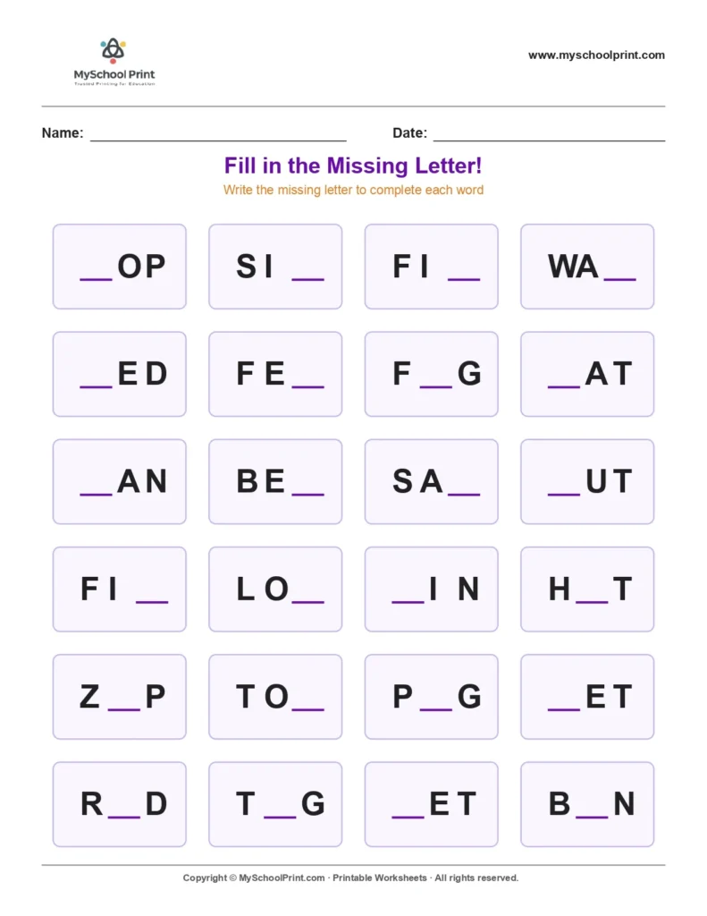 Missing letter worksheet 5