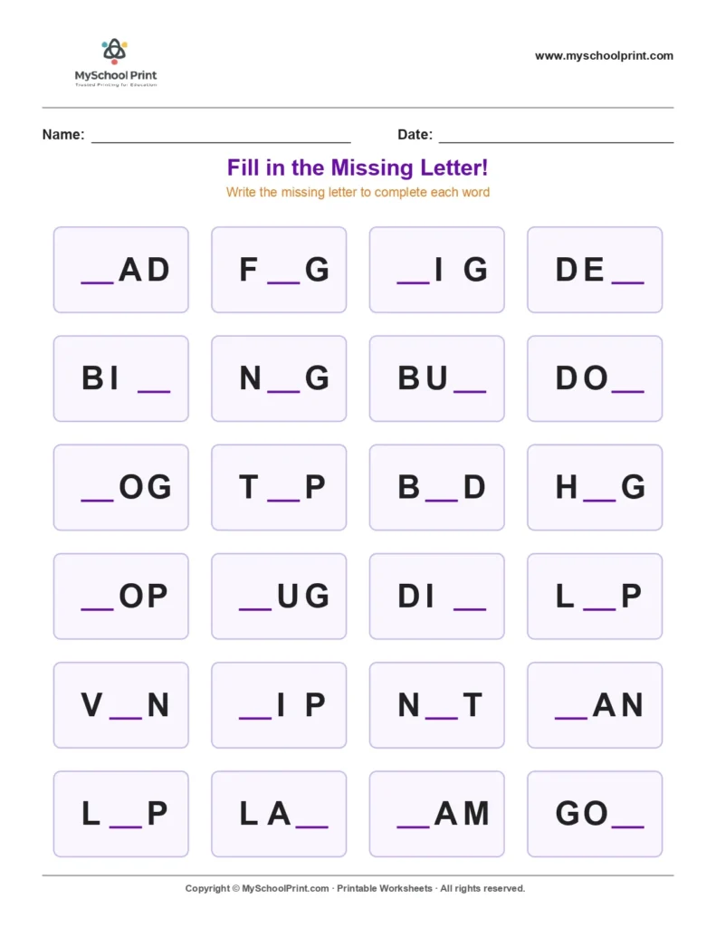 Missing letter worksheet 50