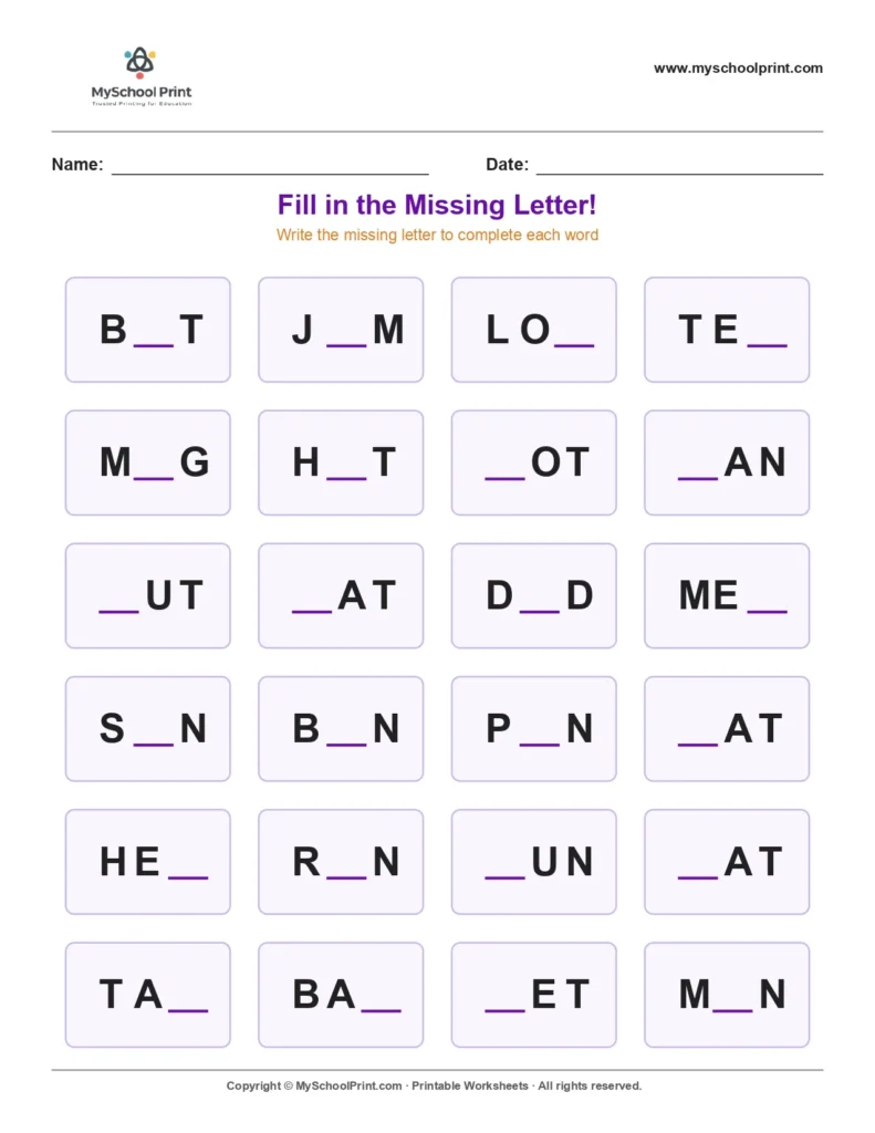 Missing letter worksheet 52