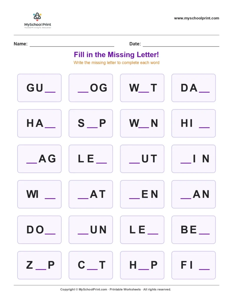 Missing letter worksheet 54