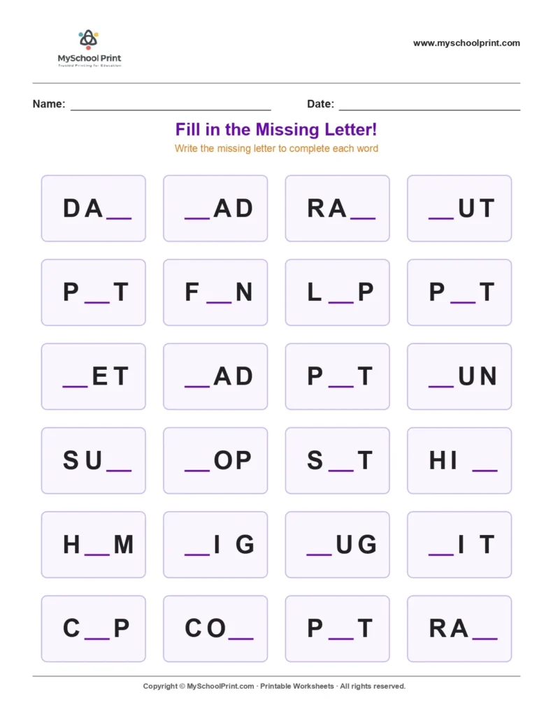 Missing letter worksheet 56