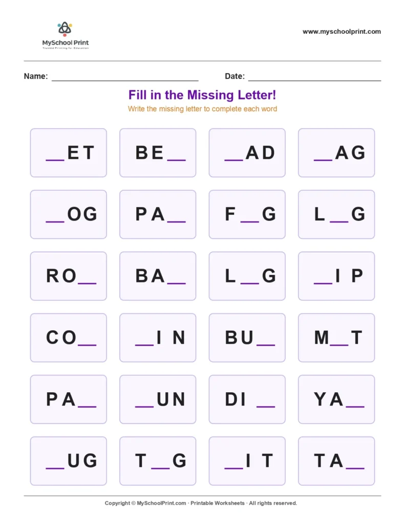 Missing letter worksheet 6