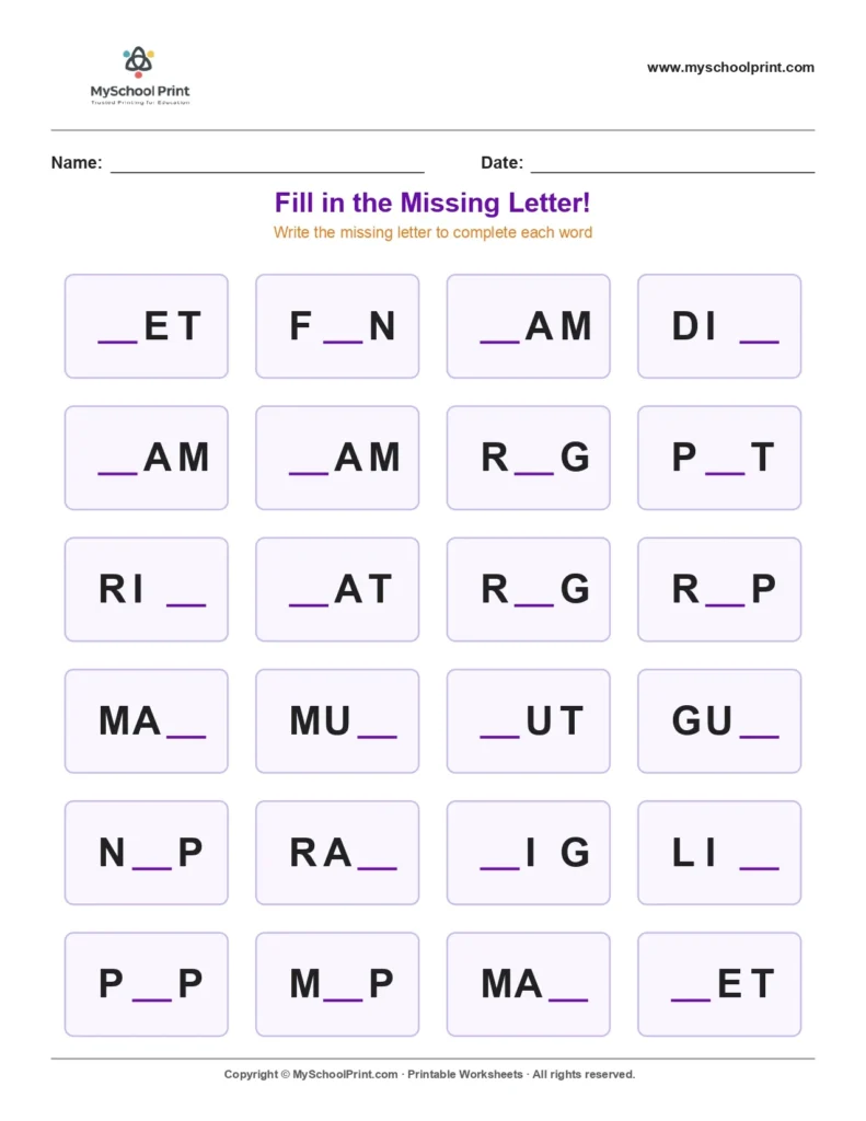 Missing letter worksheet 60