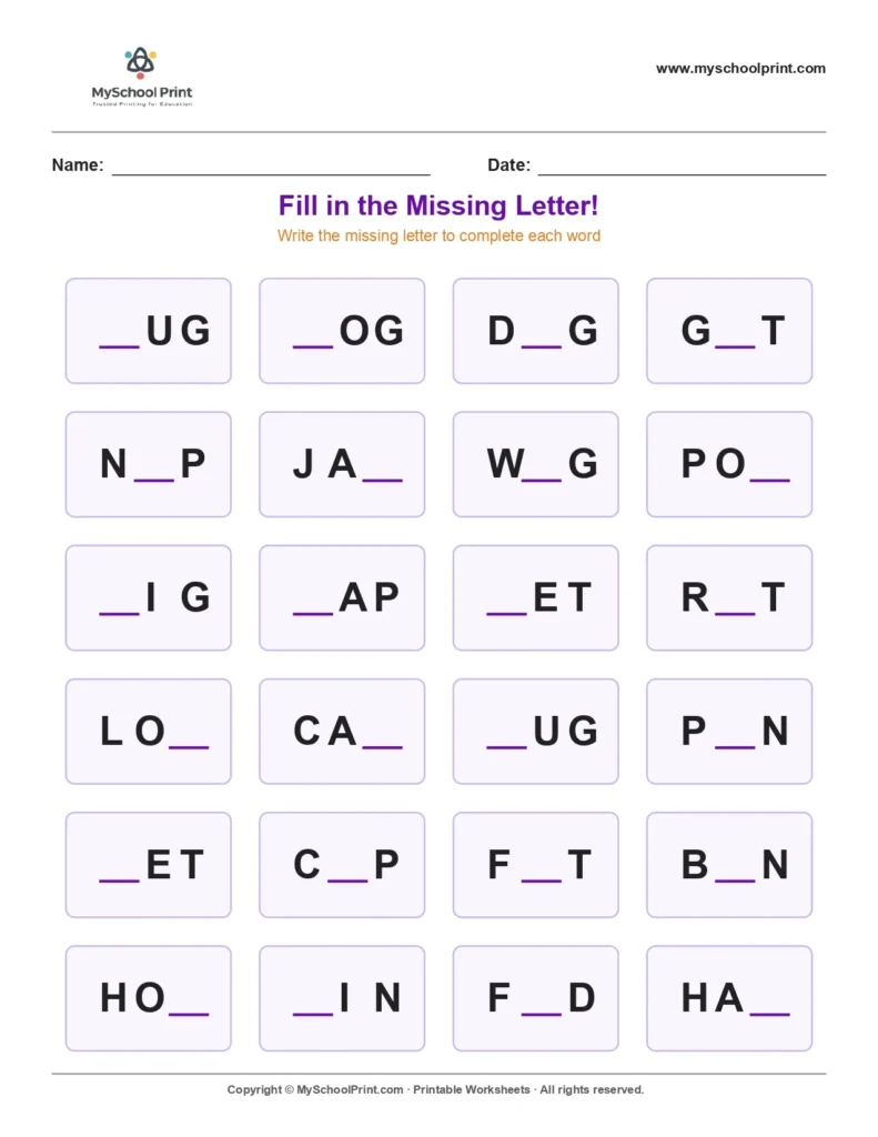 Missing letter worksheet 62