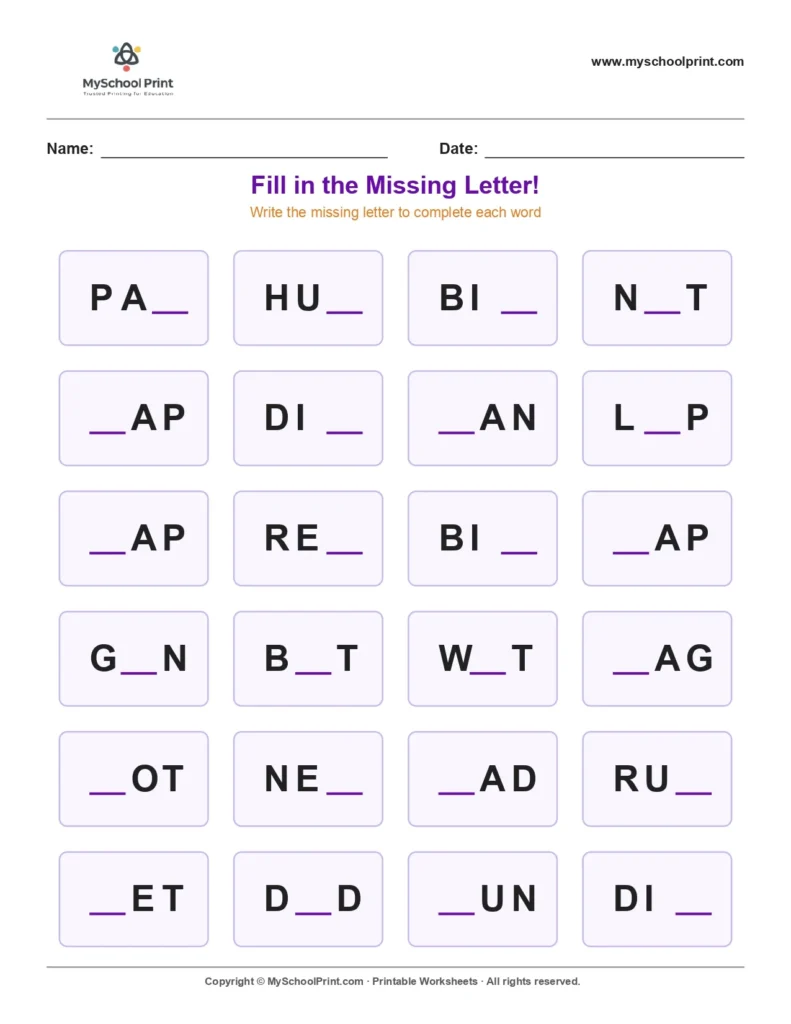 Missing letter worksheet 7