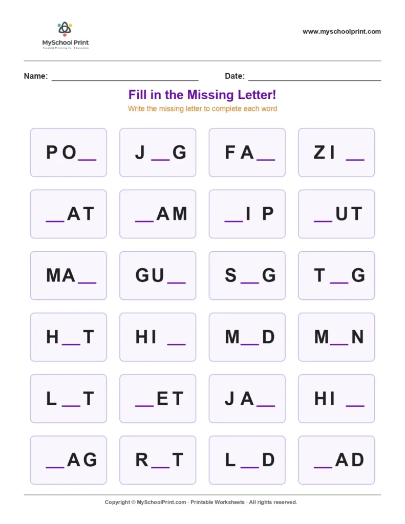 Missing letter worksheet 70
