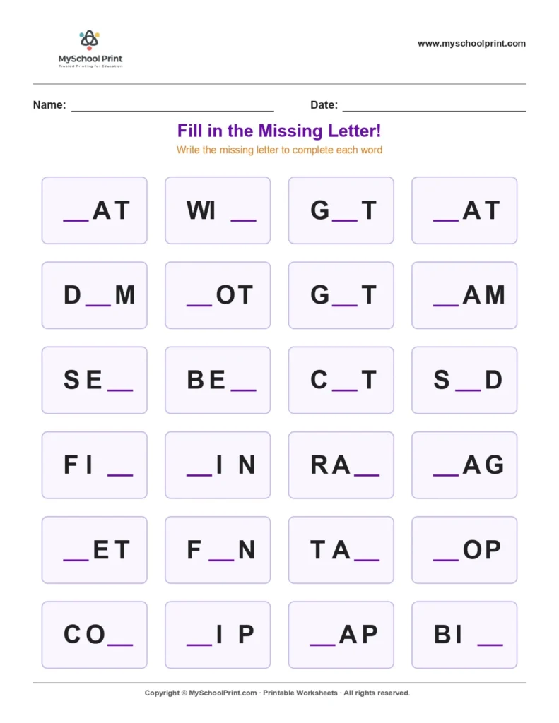 Missing letter worksheet 72