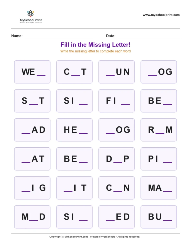 Missing letter worksheet 8
