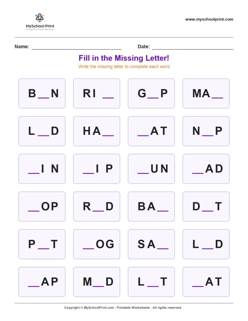 Missing letter worksheet 80