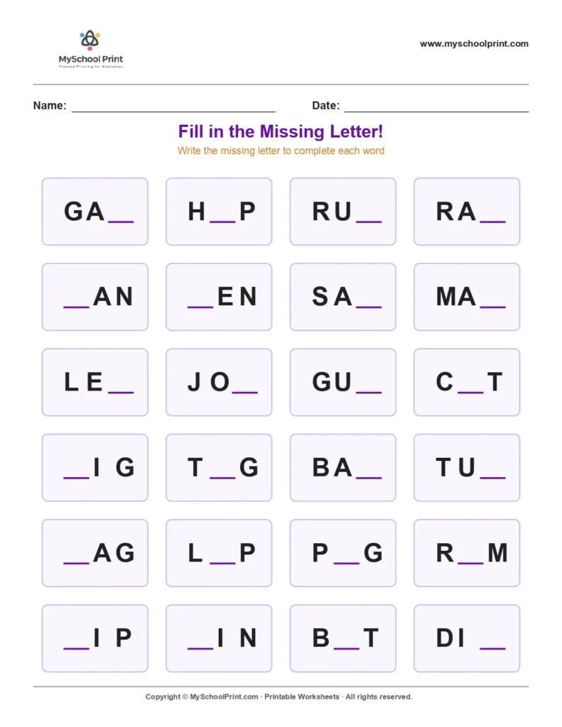 Missing letter worksheet 9