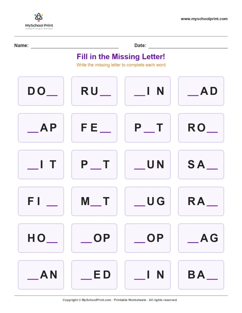 Missing letter worksheet 90