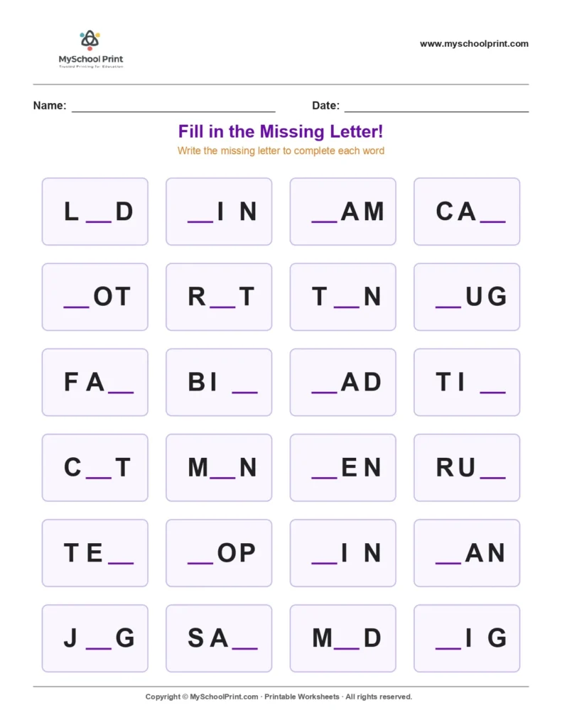 Missing letter worksheet 92