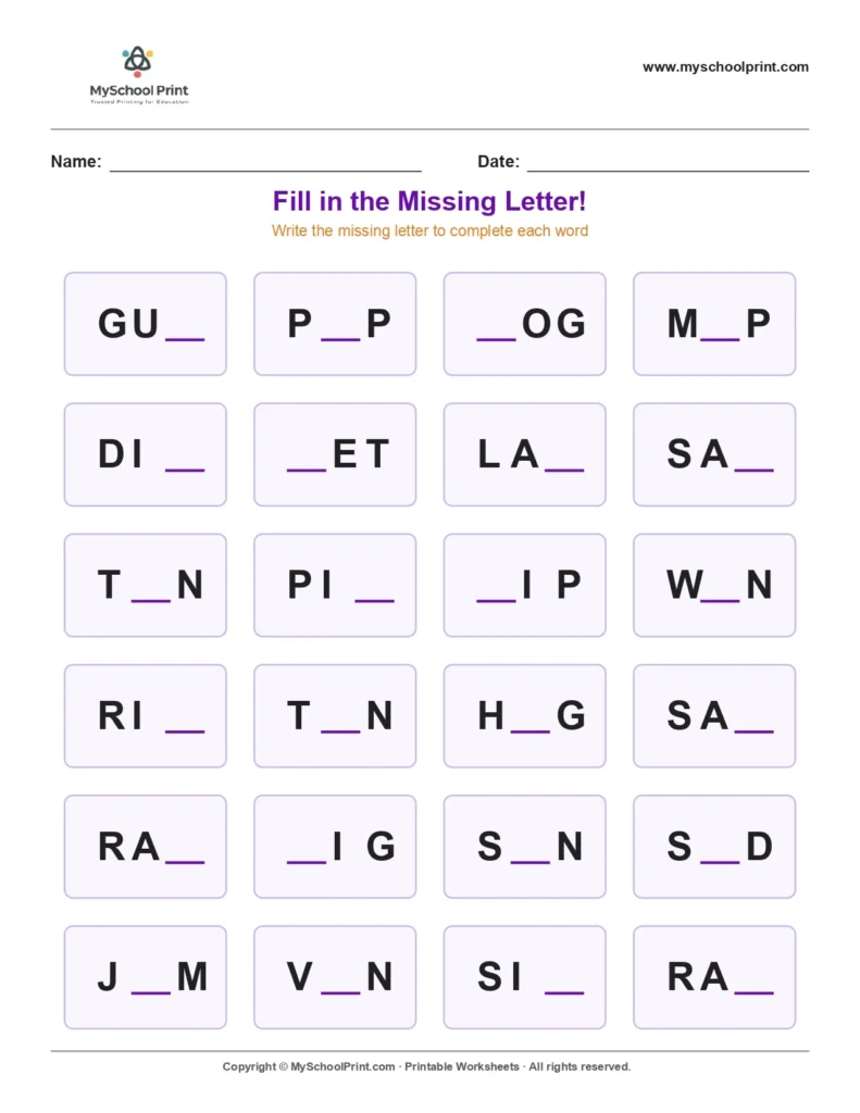 Missing letter worksheet 99