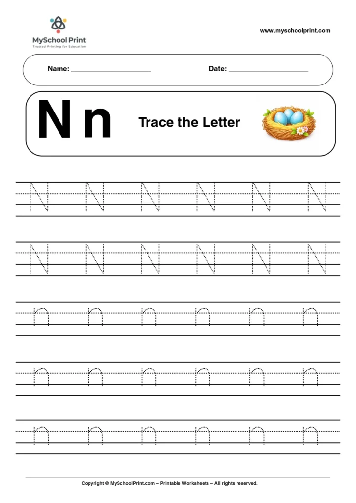 A capital and small letter N tracing worksheet