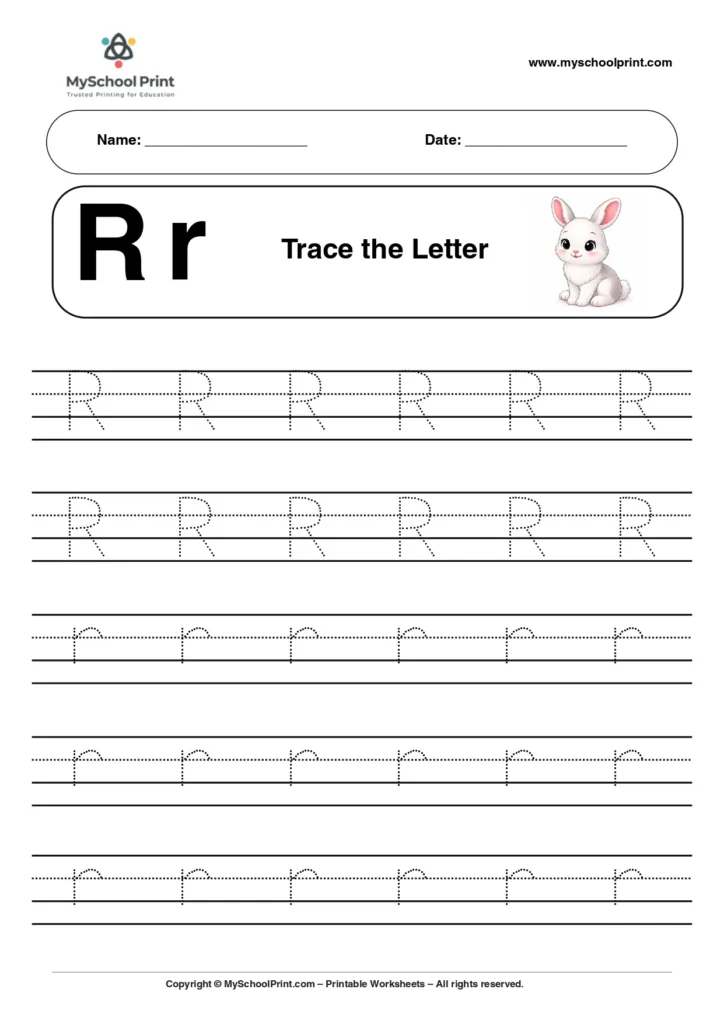 A capital and small letter R tracing worksheet