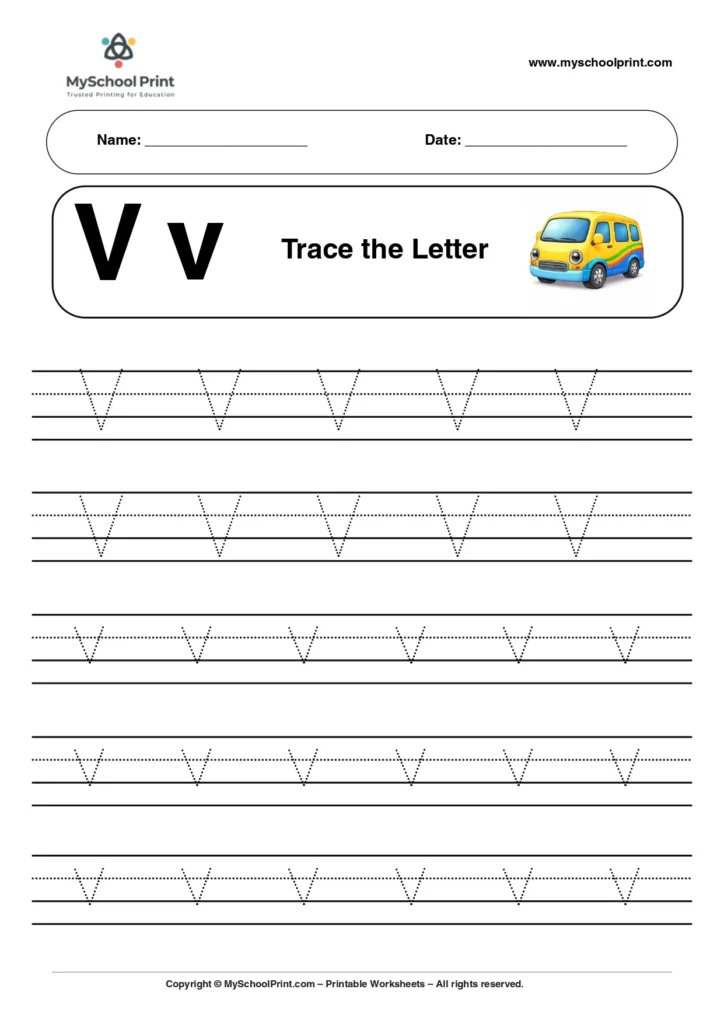 A capital and small letter V tracing worksheet