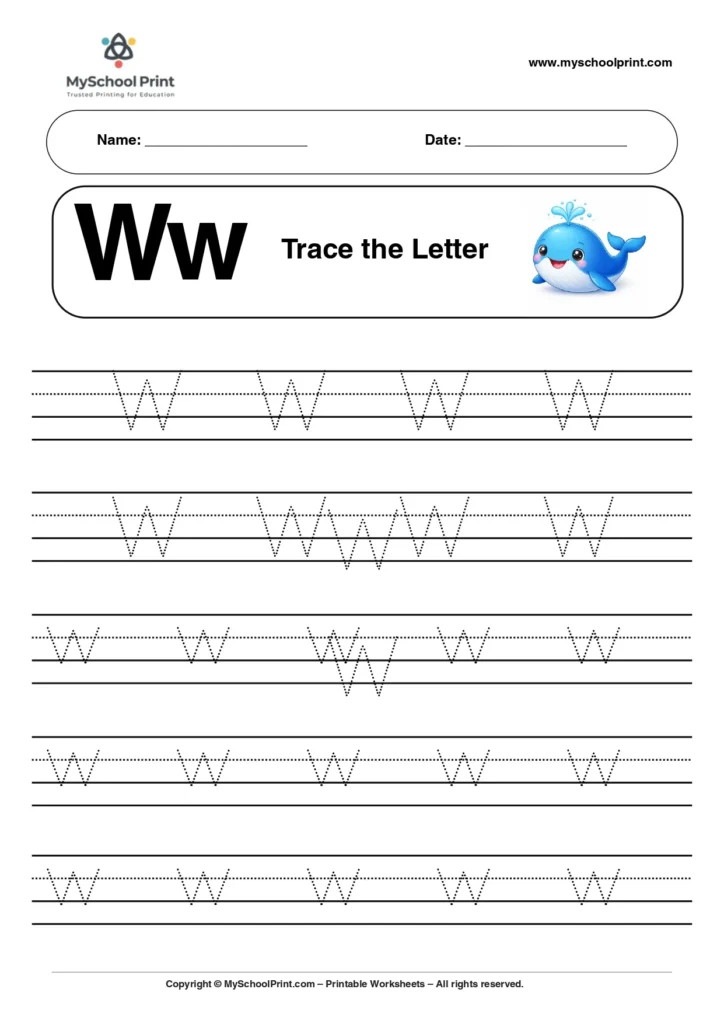 A capital and small letter W tracing worksheet