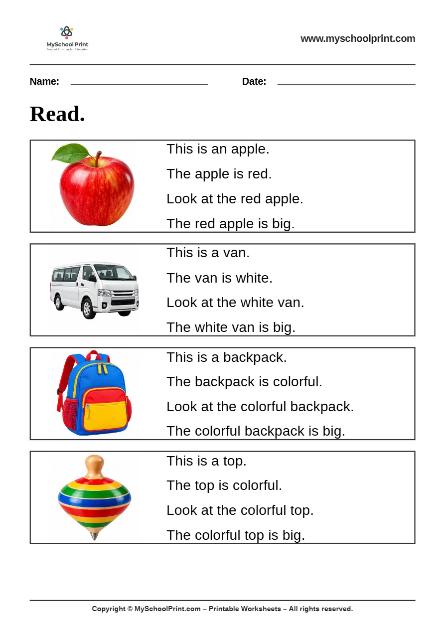Simple English Reading Worksheet 1 for Kindergarten