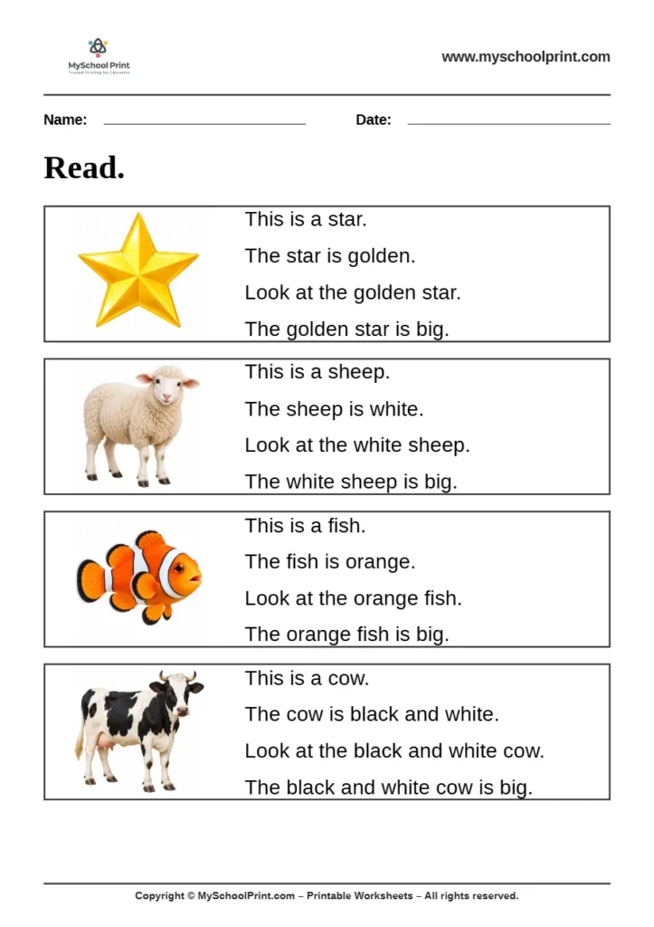 Simple English Reading Worksheet 2 for Kindergarten