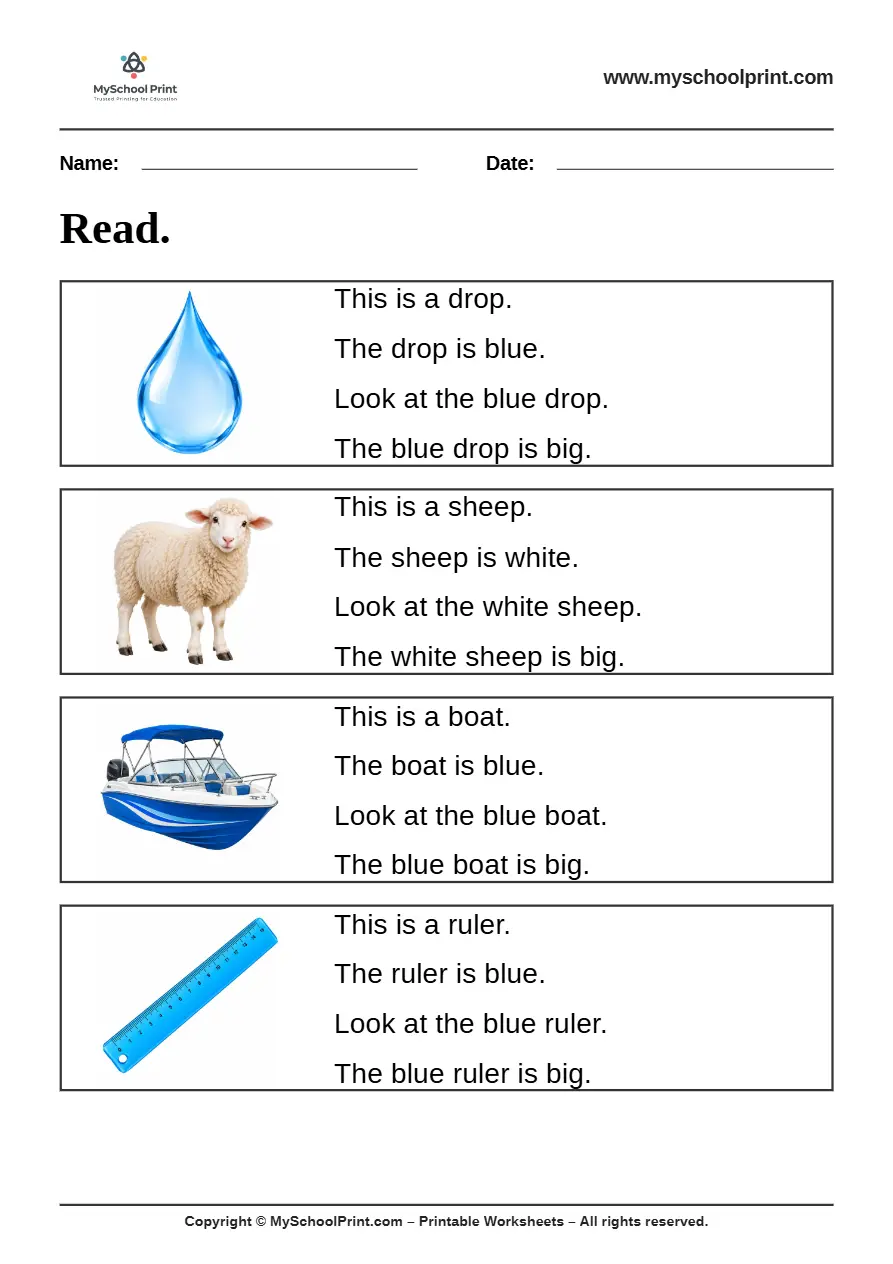 Simple English Reading Worksheet 3 for Kindergarten