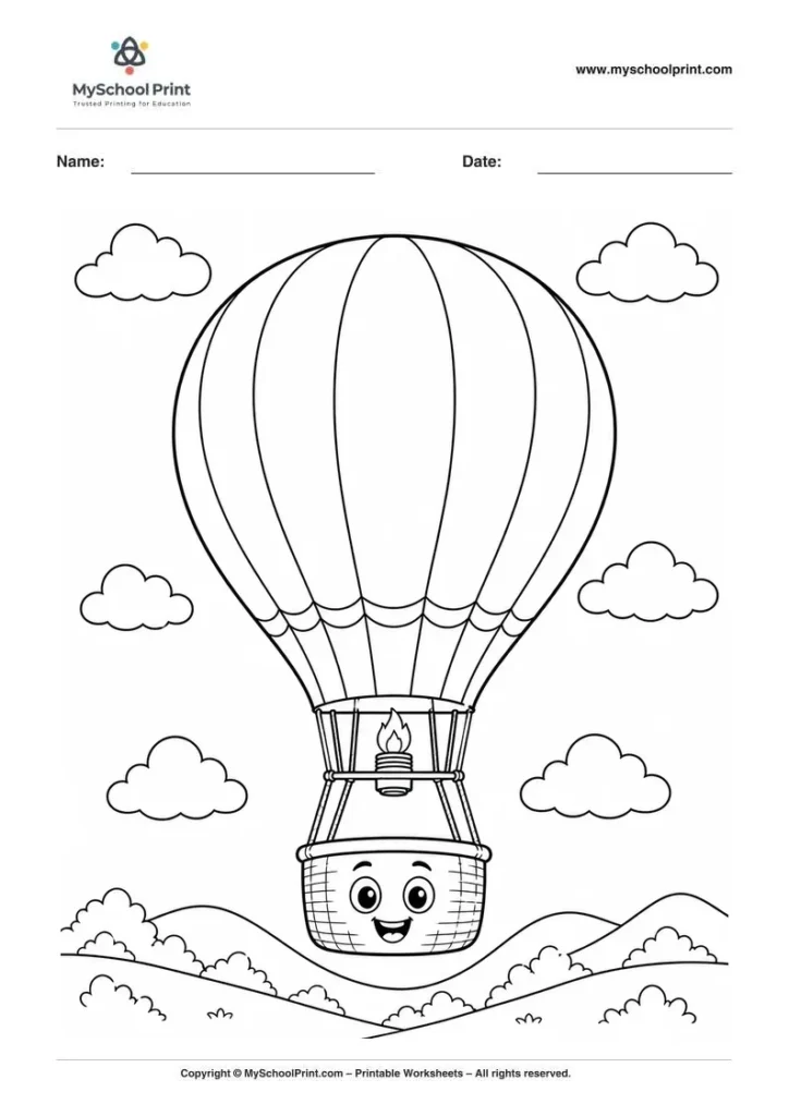 Printable hot air balloon coloring activity for kids