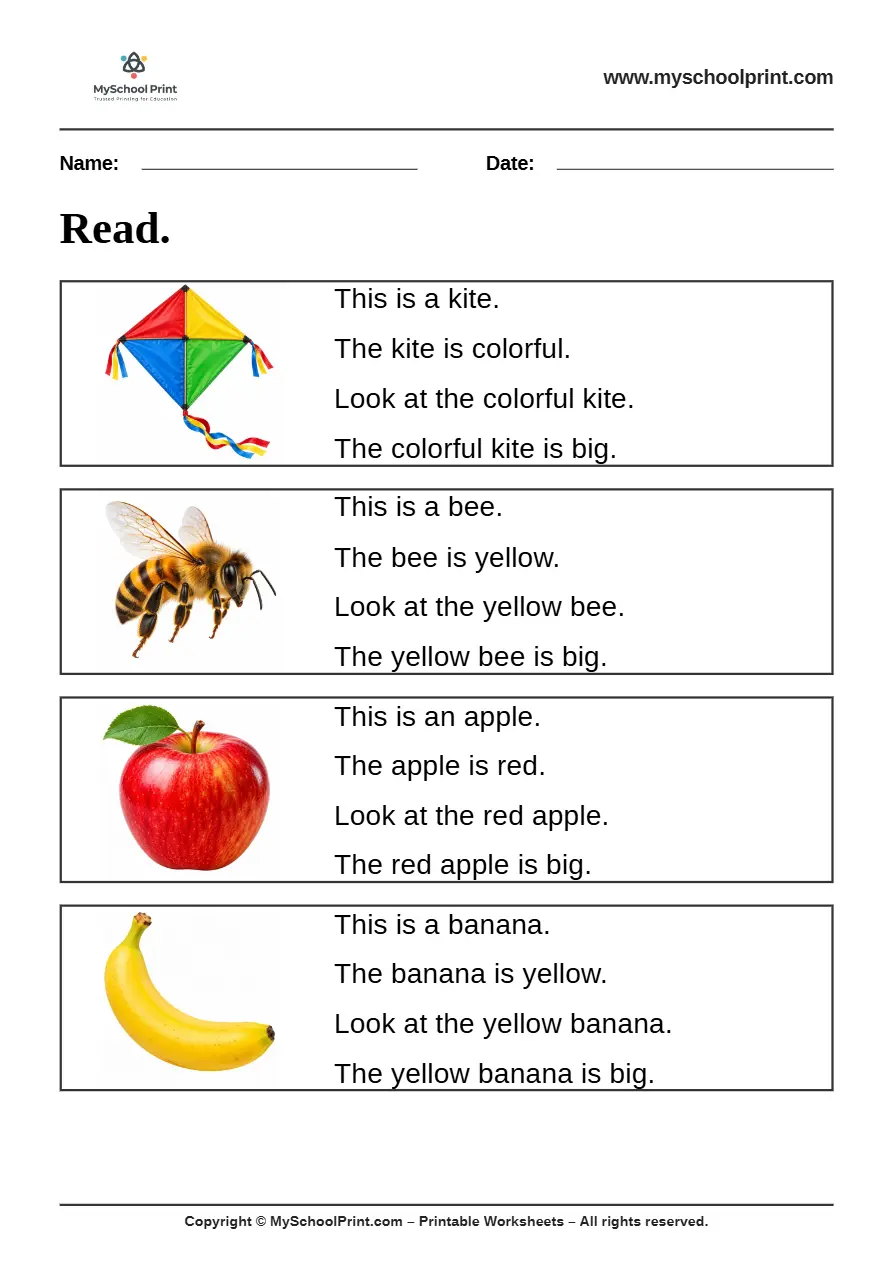 Simple English Reading Worksheet 4 for Kindergarten