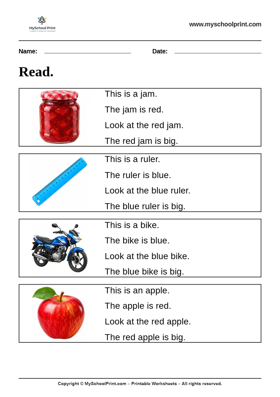 Simple English Reading Worksheet 5 for Kindergarten