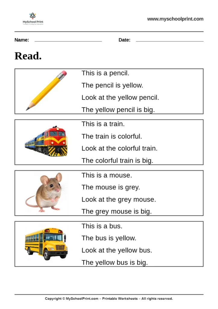 Simple English Reading Worksheet 6 for Kindergarten