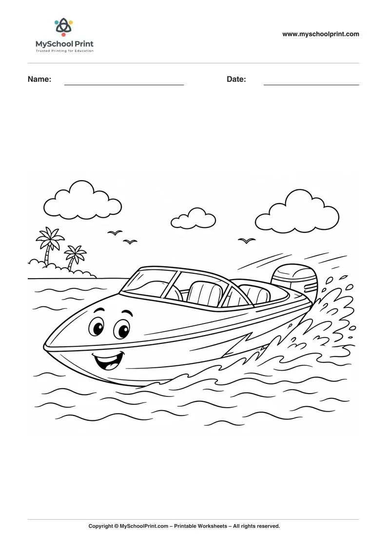 Printable speedboat coloring activity for kids