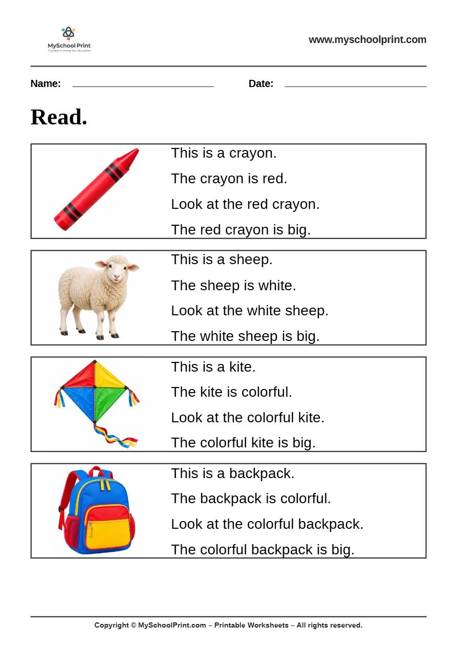 Simple English Reading Worksheet 7 for Kindergarten