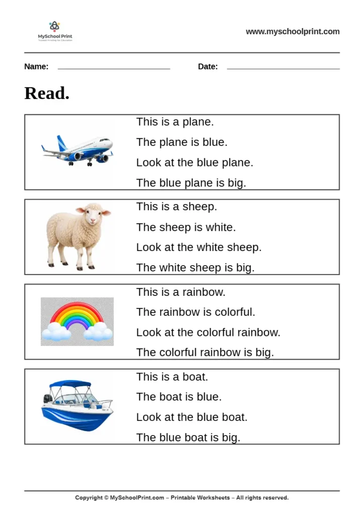 Simple English Reading Worksheet 8 for Kindergarten