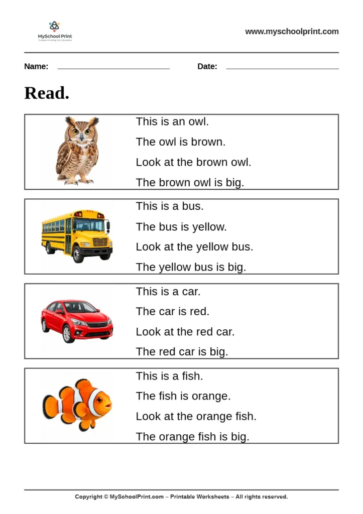 Simple English Reading Worksheet 9 for Kindergarten
