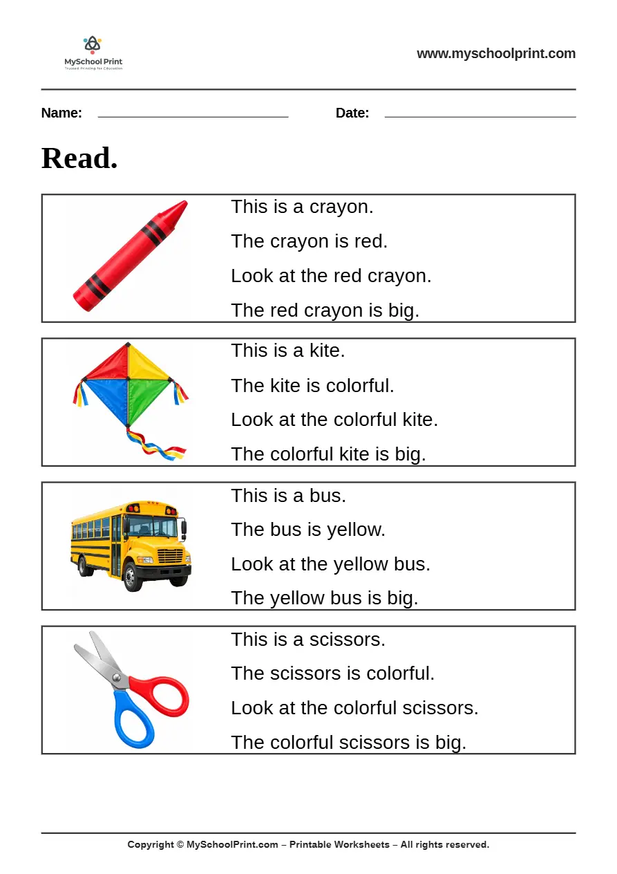 Simple English Reading Worksheet 10 for Kindergarten