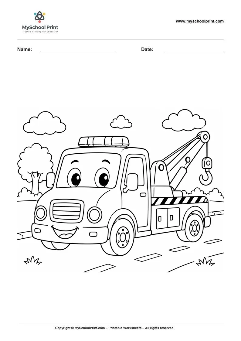 Printable tow truck coloring activity for kids
