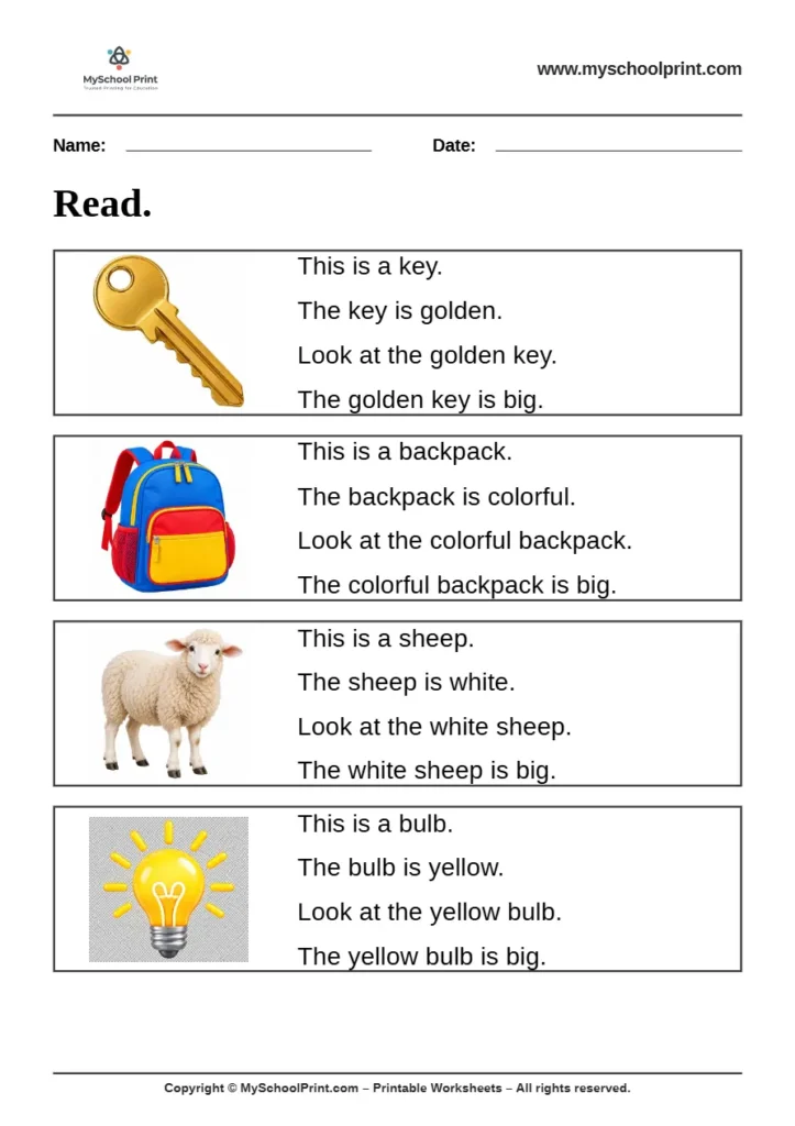 Simple English Reading Worksheet 11 for Kindergarten