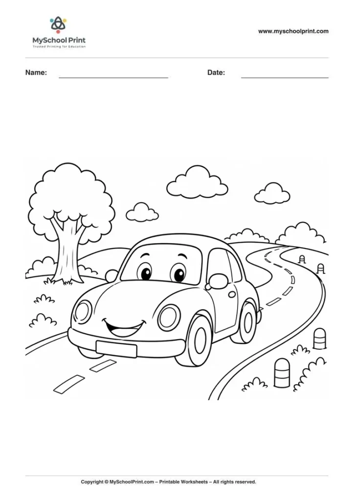 Printable car driving on a winding road coloring activity