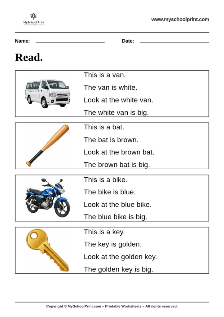 Simple English Reading Worksheet 12 for Kindergarten